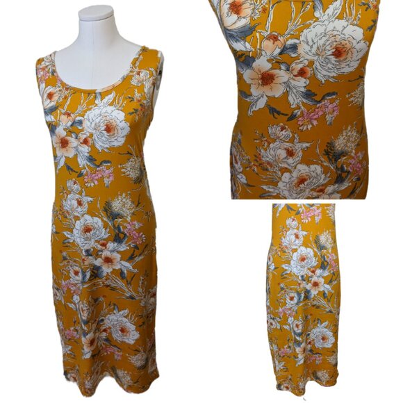 Womens Yellow Cottagecore Maxi Dress White Floral Sleeveless Summer Bodycon Sz L - Picture 1 of 9